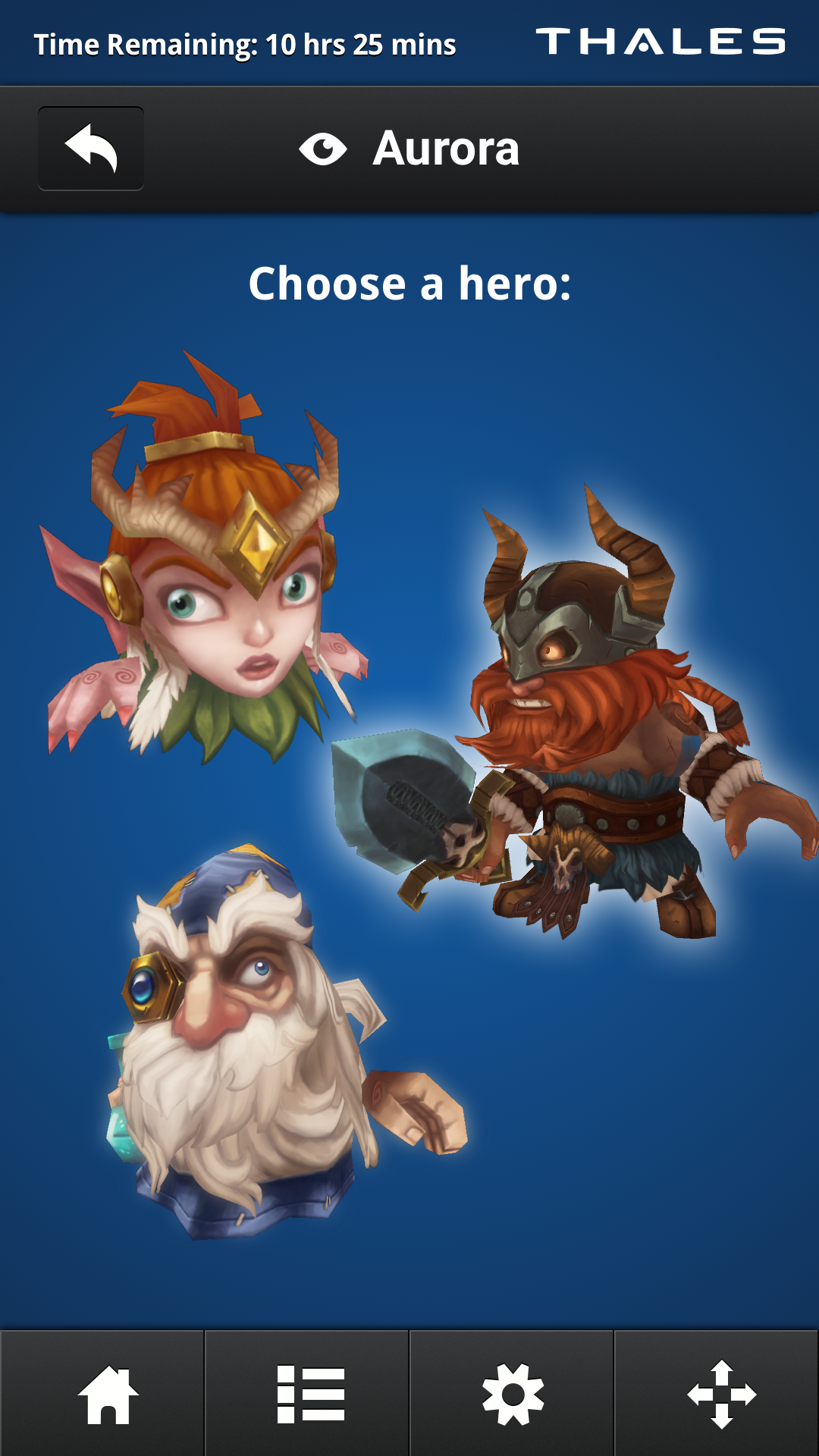 A blue screen with three fantasy heroes for the user to choose from - a ranger, a warrior, and a wizard.